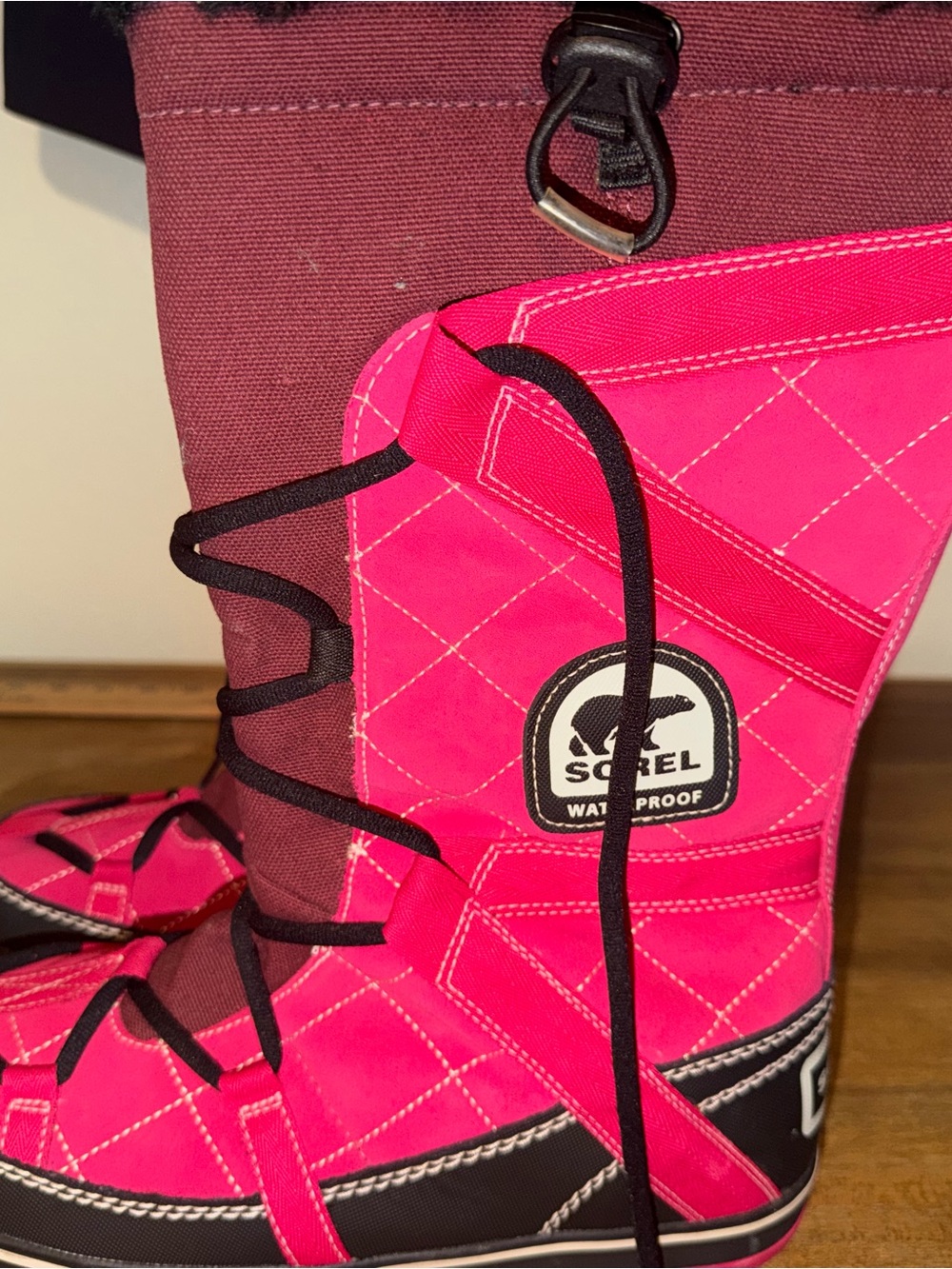 Sorel Women's Bright Pink Lace-Up Winter Boots with Black Trim - Picture 2 of 6